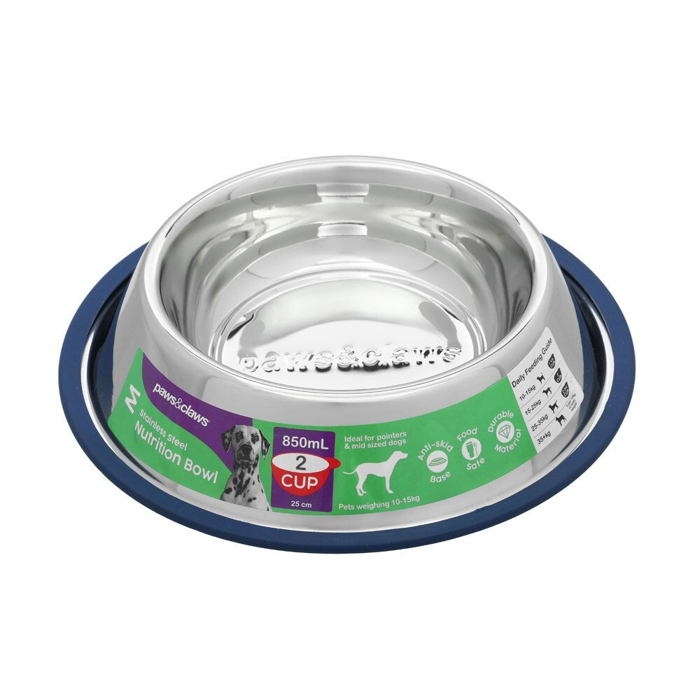 Paws &amp; Claws Stainless Steel Pet Bowl Blue Anti-Skid 850Ml