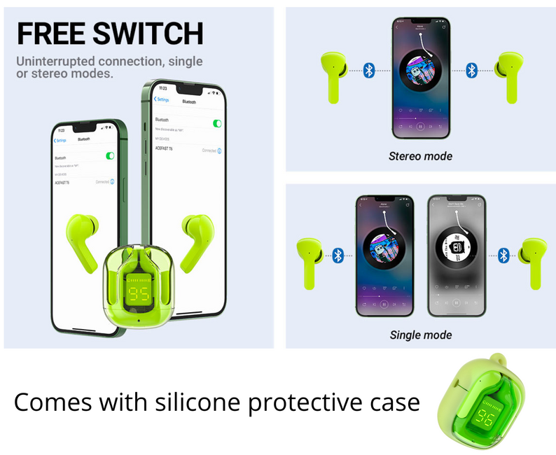 ACEFAST TWS Wireless Earphones with Charging Case - Lime Green