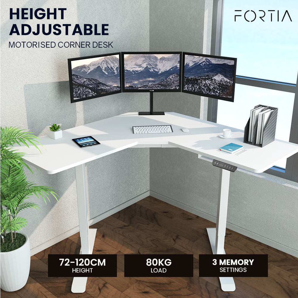 FORTIA 98W x 98W x 48D Dual-Motor 80kg Load Adjustable Electric Sit to Stand Up Corner Desk - White/White Frame