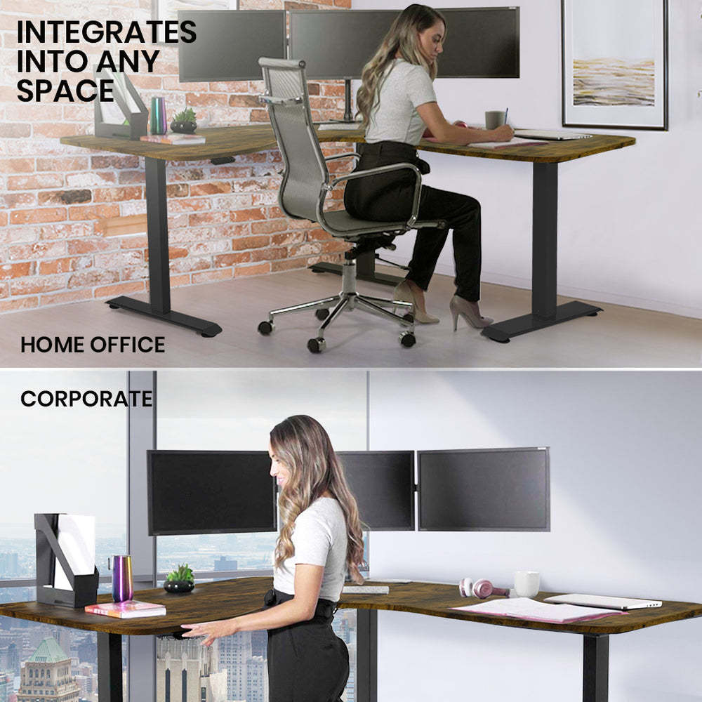 Fortia Corner Standing Desk, 173x173cm, Sit to Stand Up Electric Height Adjustable, Walnut Style/Black