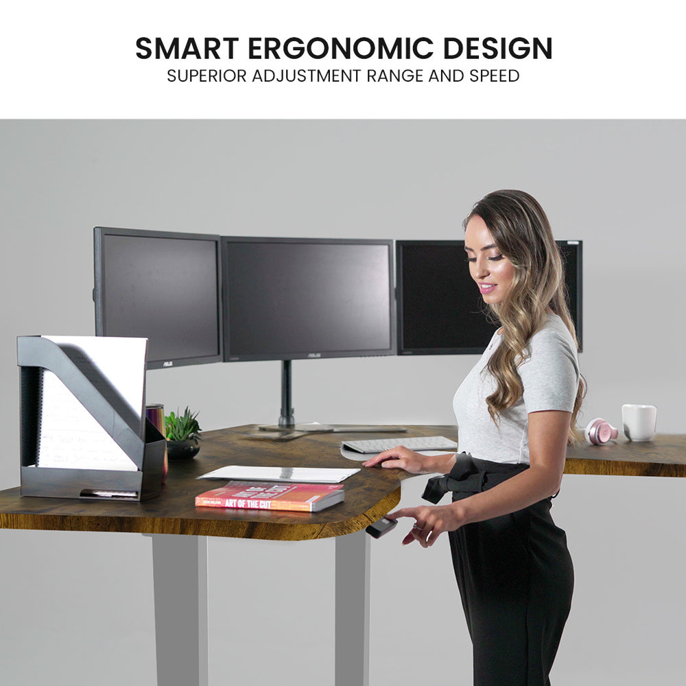 Fortia Corner Standing Desk, 173x173cm, Sit to Stand Up Electric Adjustable Height, Walnut Style/Silver
