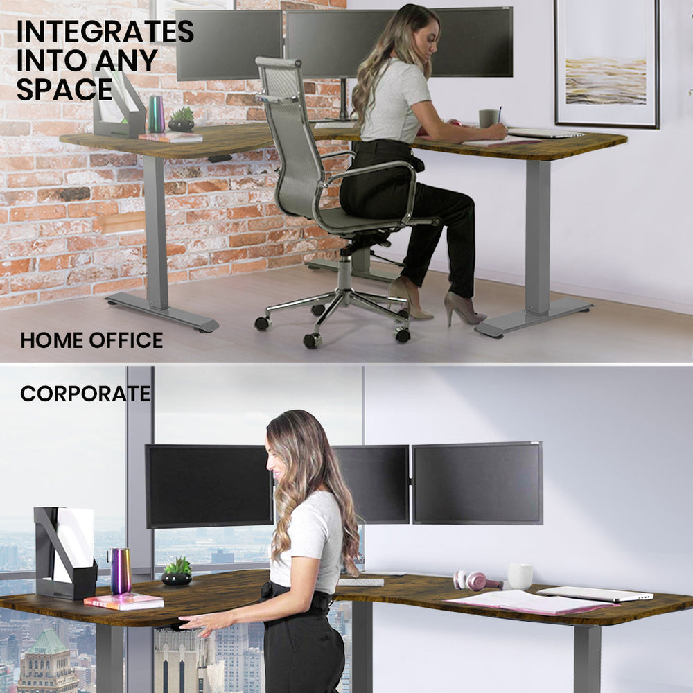 Fortia Corner Standing Desk, 173x173cm, Sit to Stand Up Electric Adjustable Height, Walnut Style/Silver