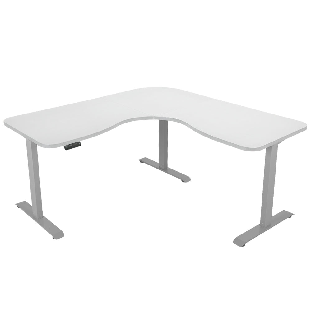 FORTIA 173W x 173W x 75D 3-Motor 120kg Load Adjustable Electric Sit to Stand Up Corner Desk - White/Silver Frame