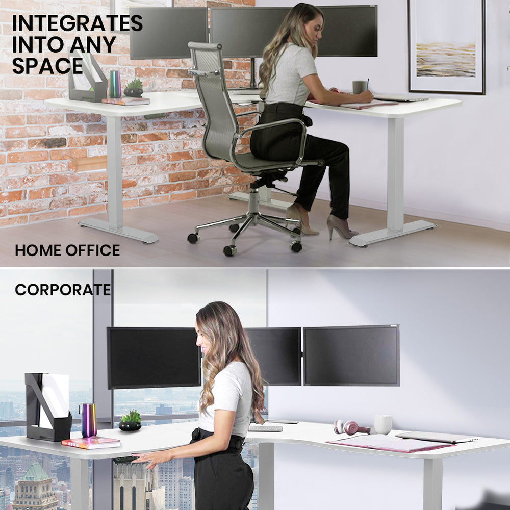 FORTIA 173W x 173W x 75D 3-Motor 120kg Load Adjustable Electric Sit to Stand Up Corner Desk - White/Silver Frame