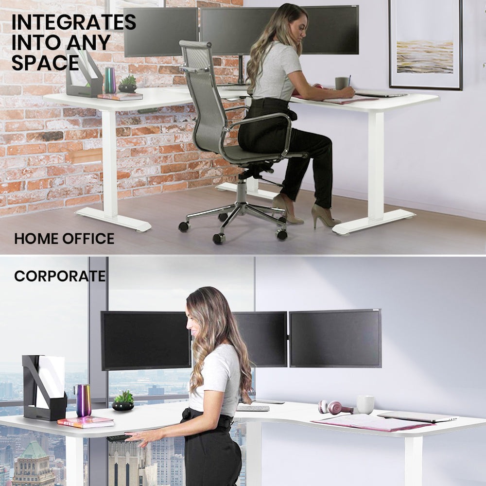 FORTIA Corner Standing Desk, 1730W x 1730W x 750D, 3 Motors, 120kg Load, Sit to Stand Up Electric Height Adjustable, White/White Frame