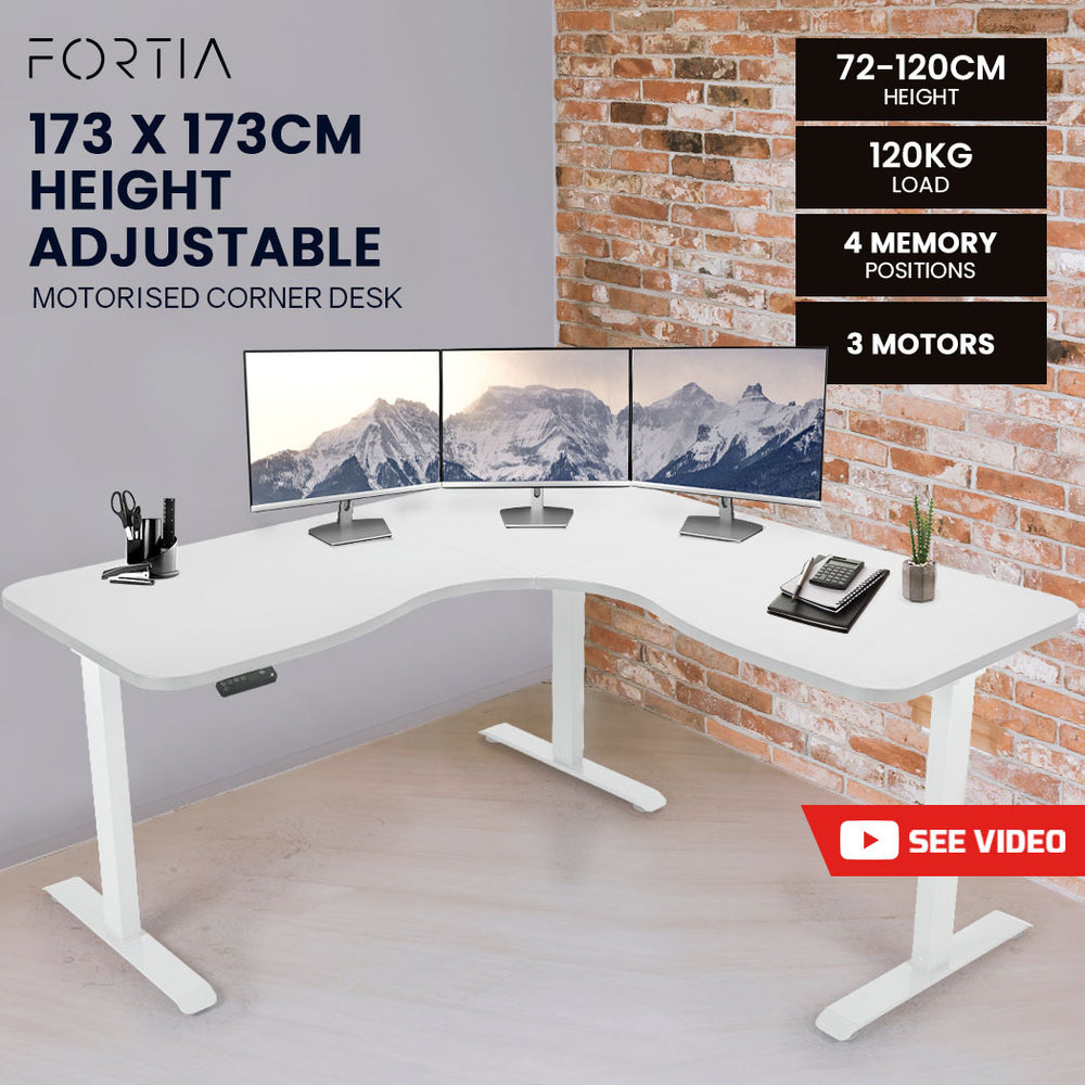 FORTIA Corner Standing Desk, 1730W x 1730W x 750D, 3 Motors, 120kg Load, Sit to Stand Up Electric Height Adjustable, White/White Frame