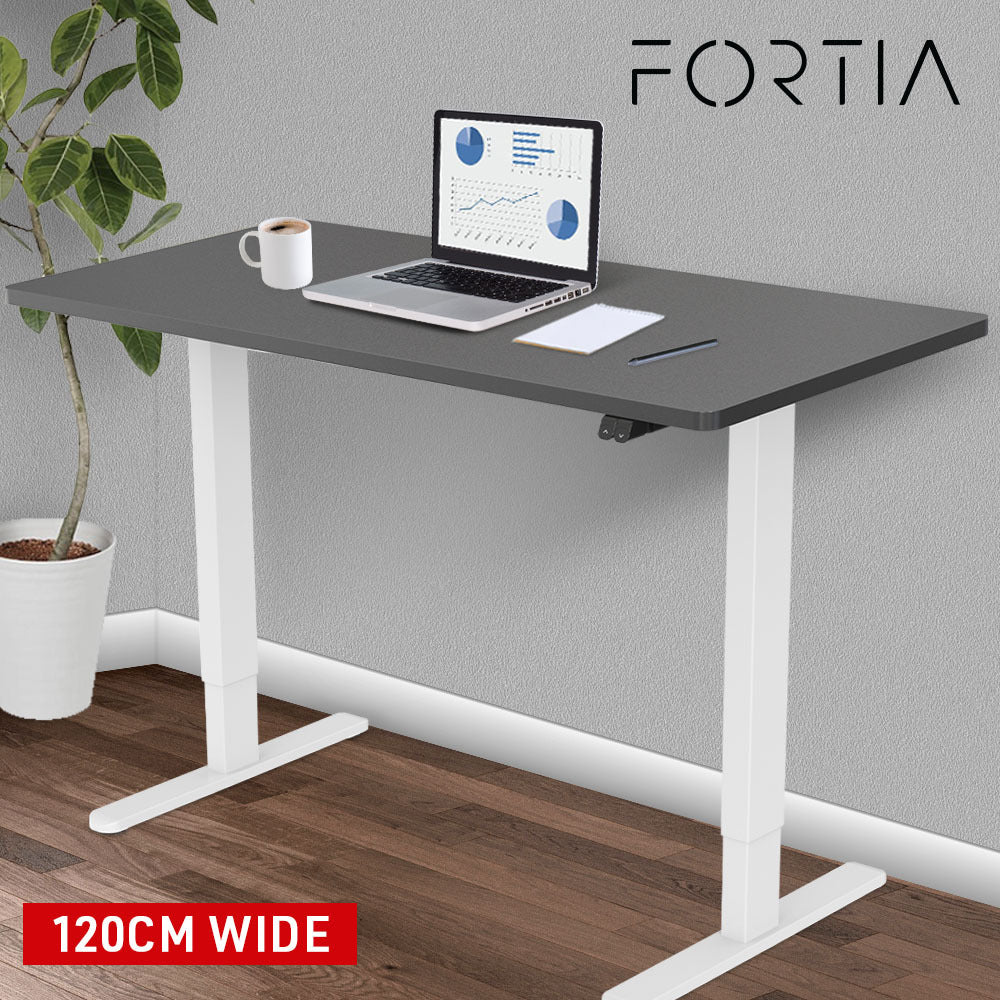 FORTIA Sit Stand Standing Desk, 120x60cm, 72-118cm Height Adjustable, 70kg Load, Black style/White Frame