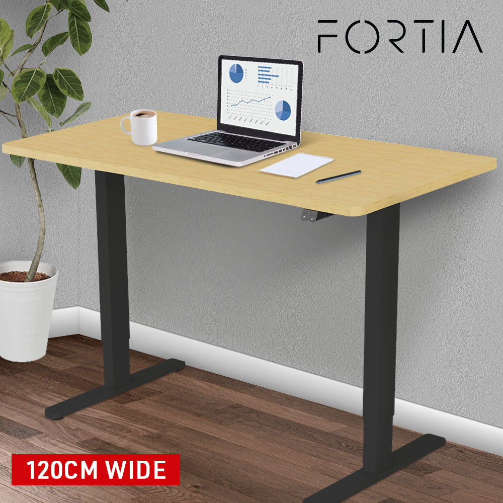 Fortia Sit To Stand Up Standing Desk, 120x60cm, 72-118cm Electric Height Adjustable, 70kg Load, White Oak Style/Black Frame