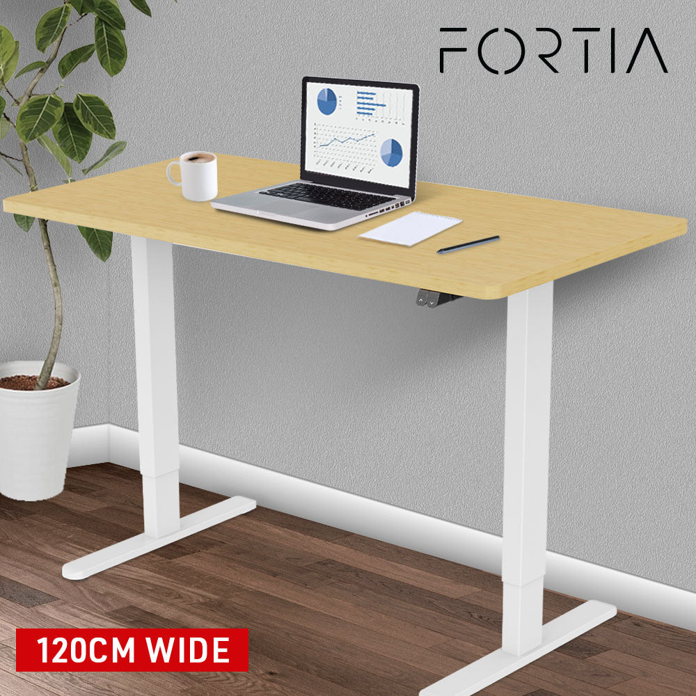 Fortia Sit To Stand Up Standing Desk, 120x60cm, 72-118cm Electric Height Adjustable, 70kg Load, White Oak Style/White Frame