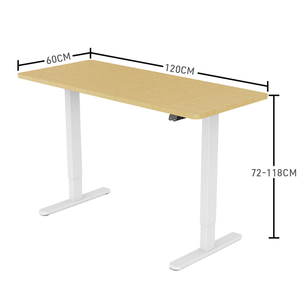 Fortia Sit To Stand Up Standing Desk, 120x60cm, 72-118cm Electric Height Adjustable, 70kg Load, White Oak Style/White Frame