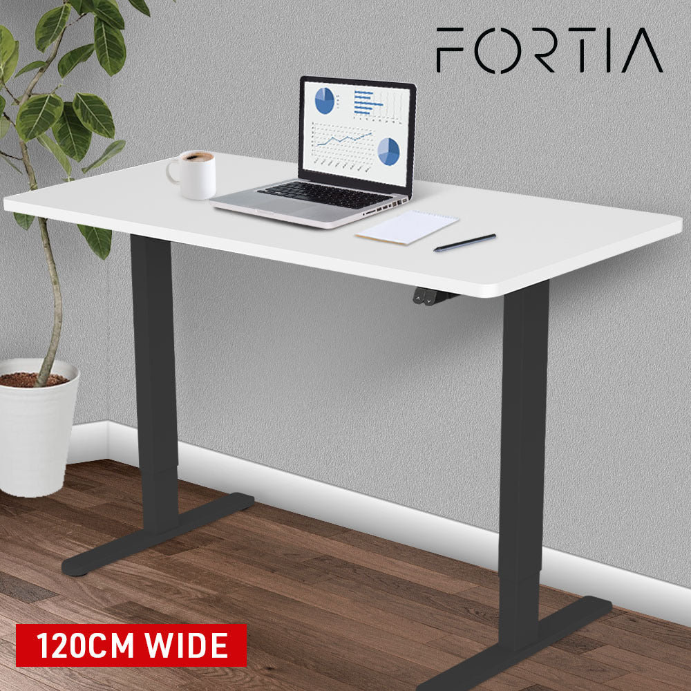 Fortia Sit To Stand Up Standing Desk, 120x60cm, 72-118cm Electric Height Adjustable, 70kg Load, White/Black Frame