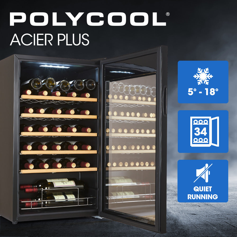 POLYCOOL 95L 34 Bottle Wine Bar Fridge Underbench Cooler Compressor Glass Door, Black