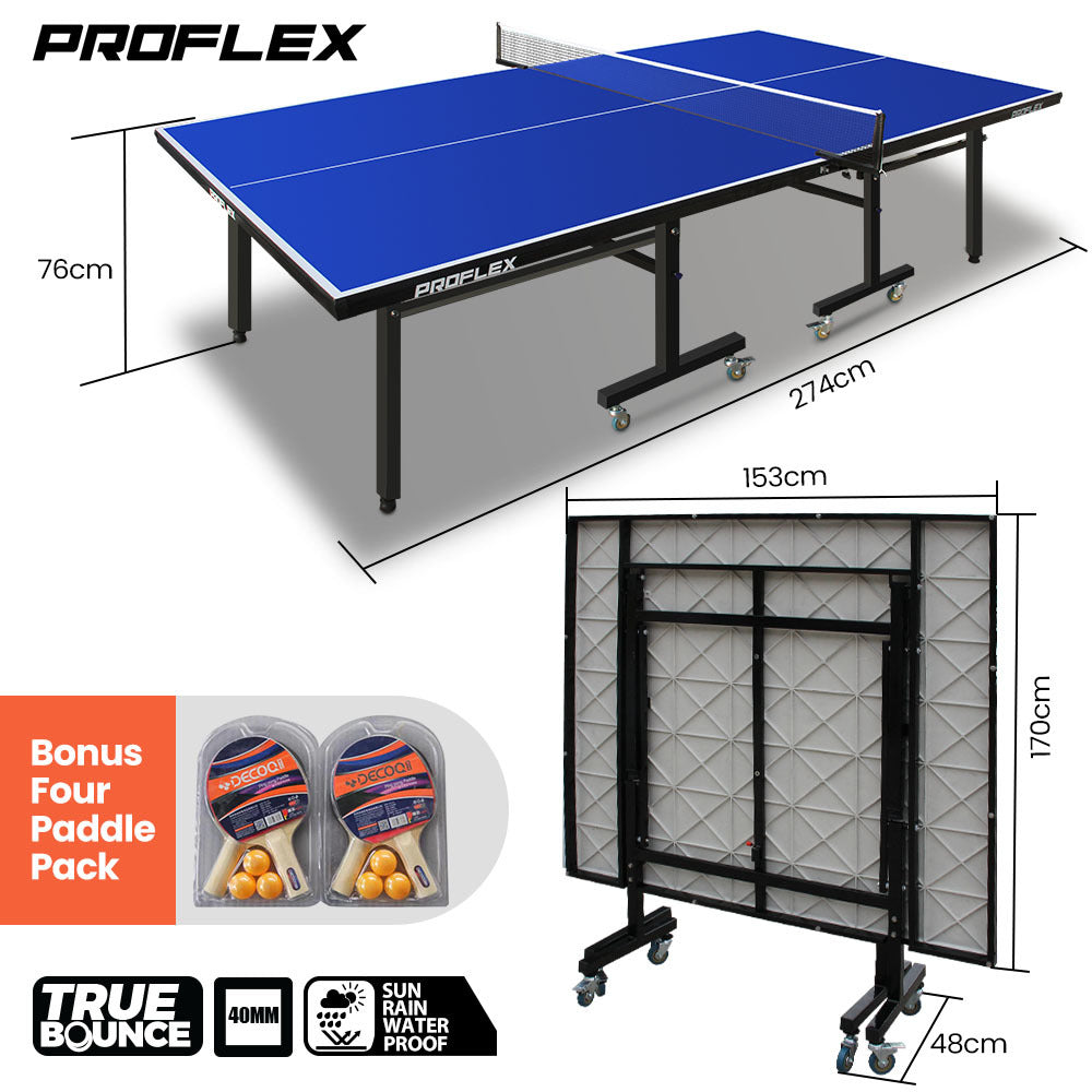 Proflex Premium Outdoor Table Tennis Table, with 4 Player Ping Pong Paddle and Pingpong Ball Pack