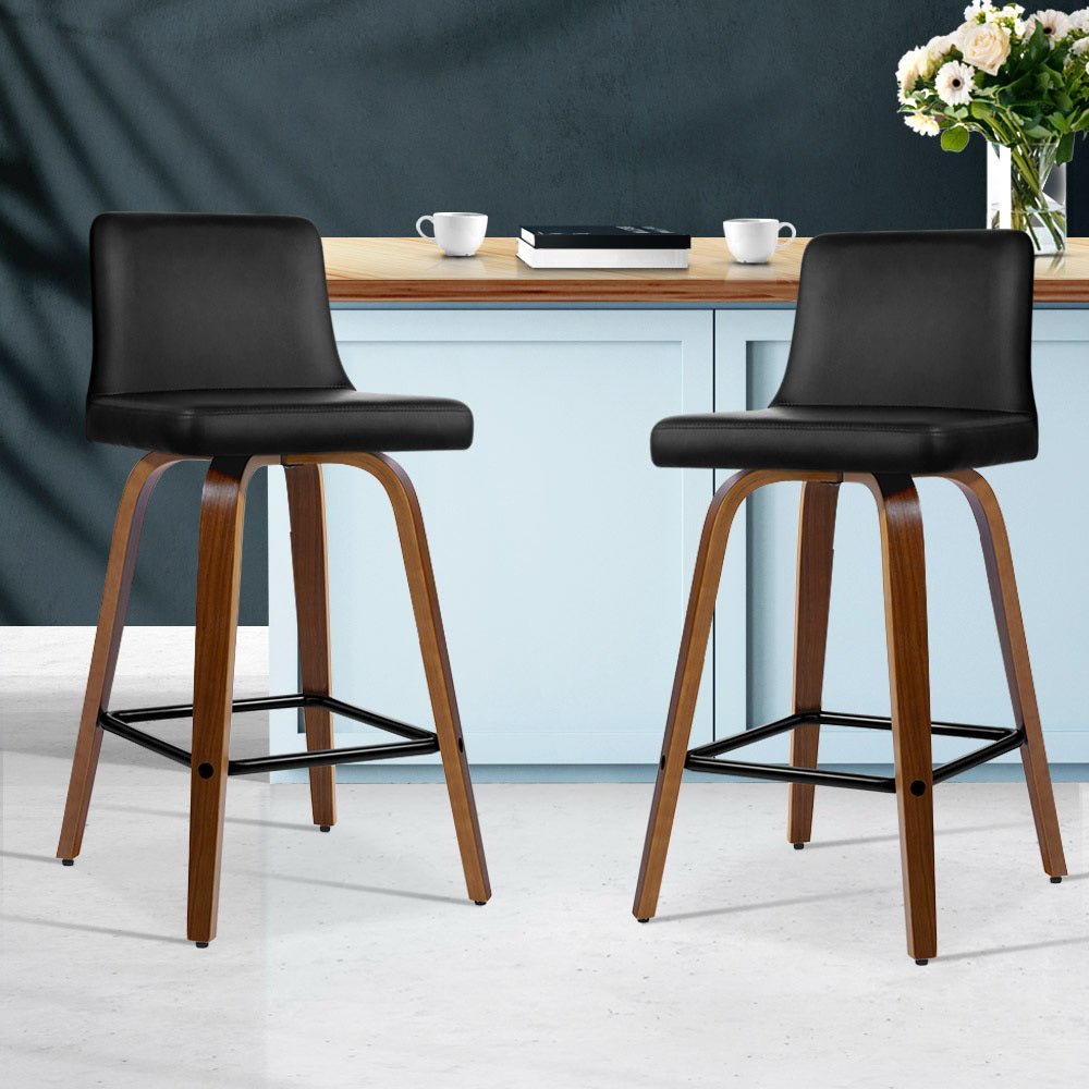 Artiss 2x Kitchen Wooden Stool Leather Luxury Black