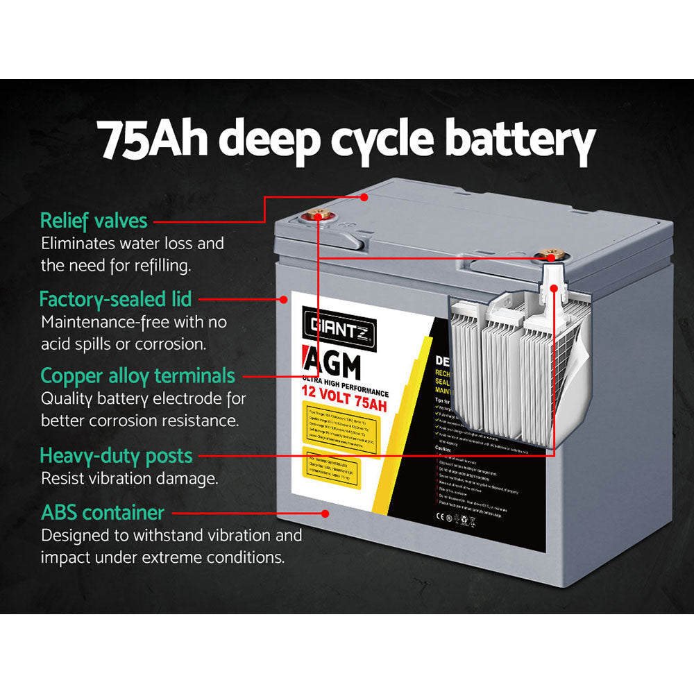 Giantz AGM Deep Cycle Battery 12V 75Ah x2