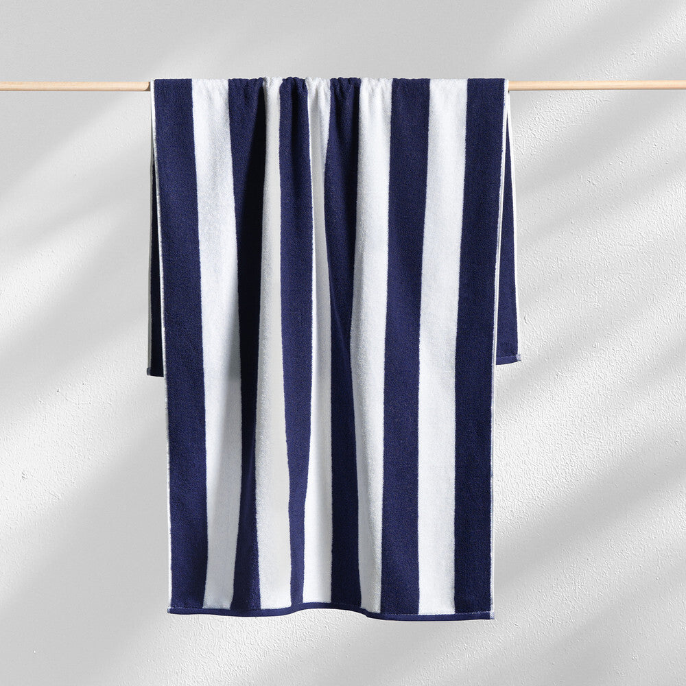 Canningvale Striped Cabana 160cm Cotton Terry Beach Towel Navy