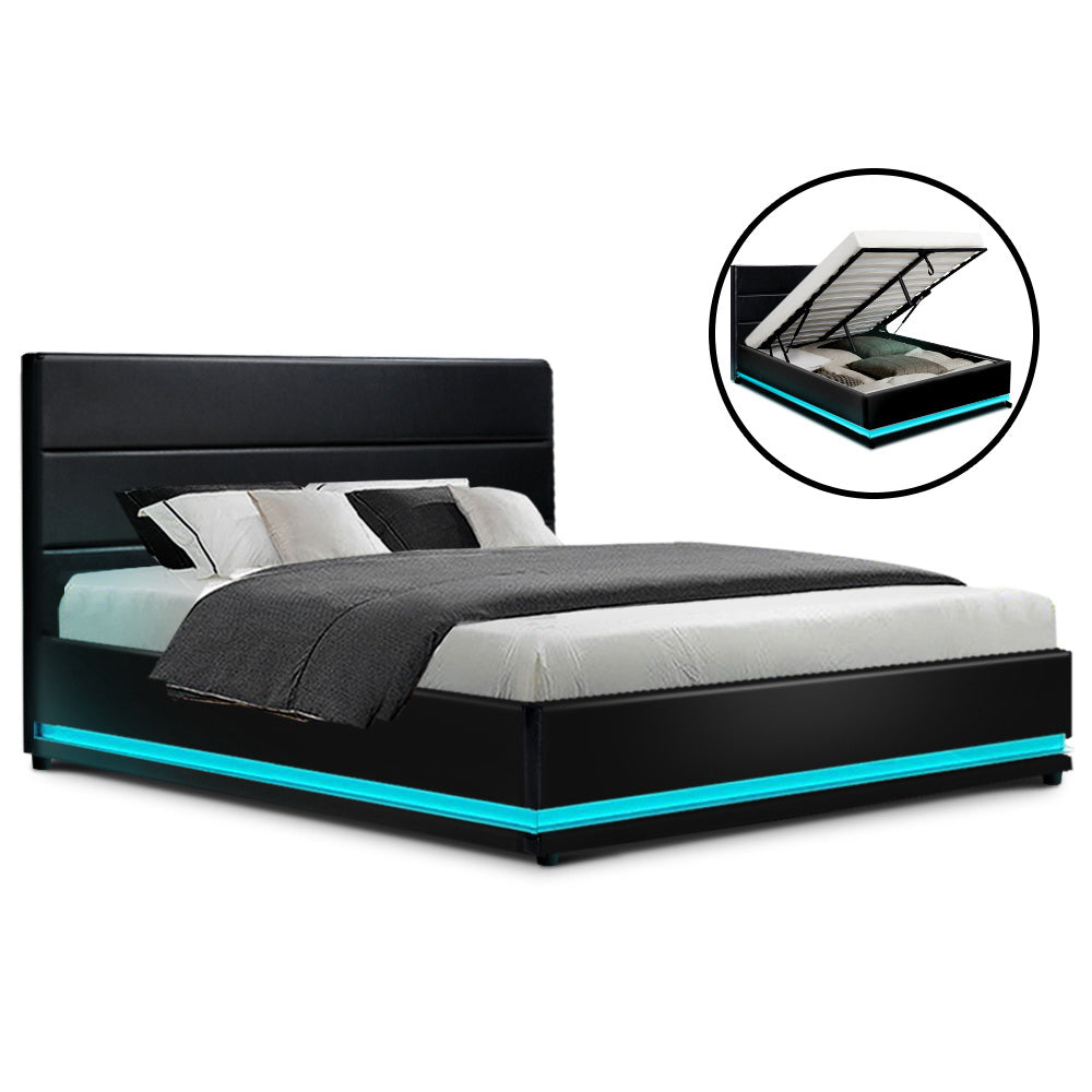 Artiss Gas Lift LUMI LED Bed Frame - Black Queen