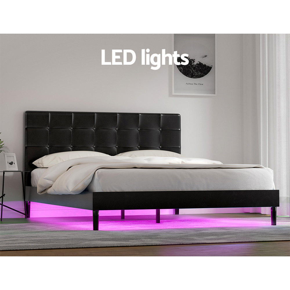 Artiss Bed Frame Queen Size LED Lights Charge Ports Leather