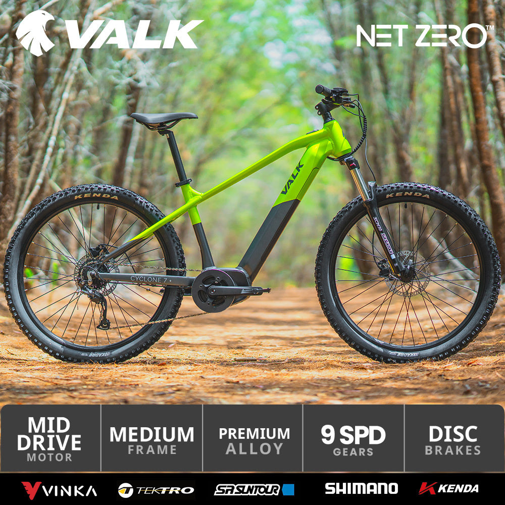 VALK Cyclone 7+ Electric Mountain Bike Mid-Drive Hardtail eMTB, Medium Frame Black/Lime