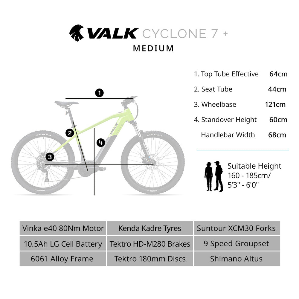 VALK Cyclone 7+ Electric Mountain Bike Mid-Drive Hardtail eMTB, Medium Frame Black/Lime