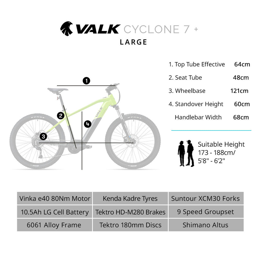 VALK Cyclone 7+ Electric Mountain Bike Hardtail Mid-Drive eMTB, Large Frame Black/Lime