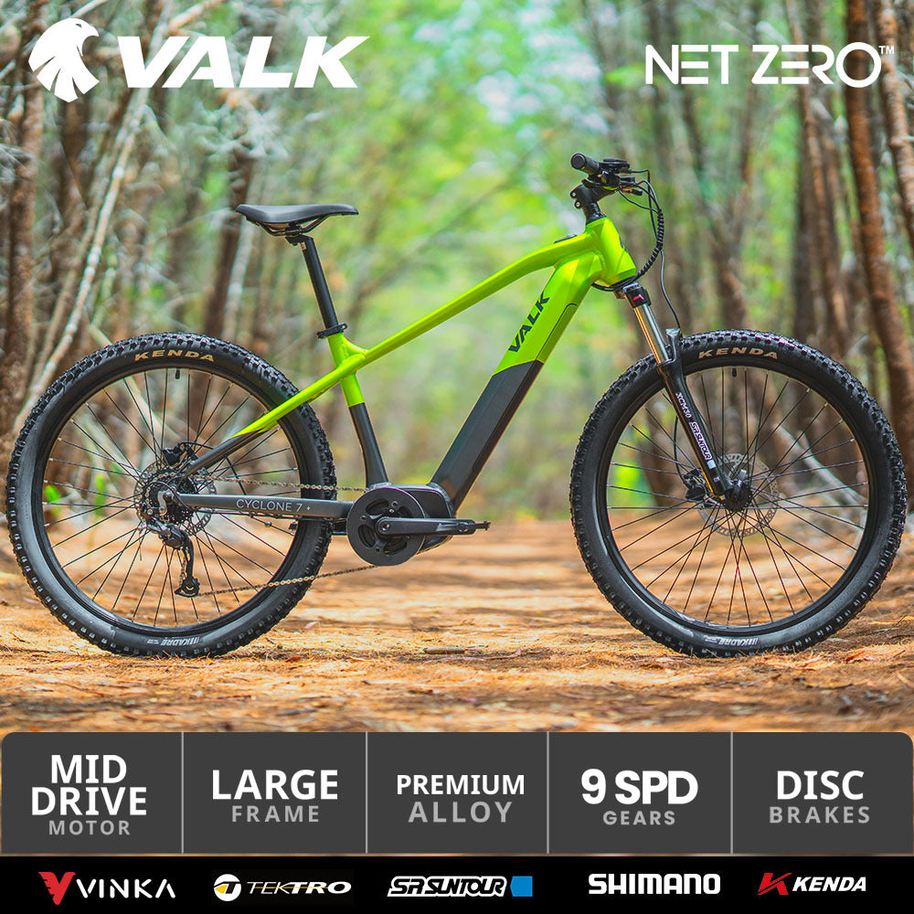 VALK Cyclone 7+ Electric Mountain Bike Hardtail Mid-Drive eMTB, Large Frame Black/Lime