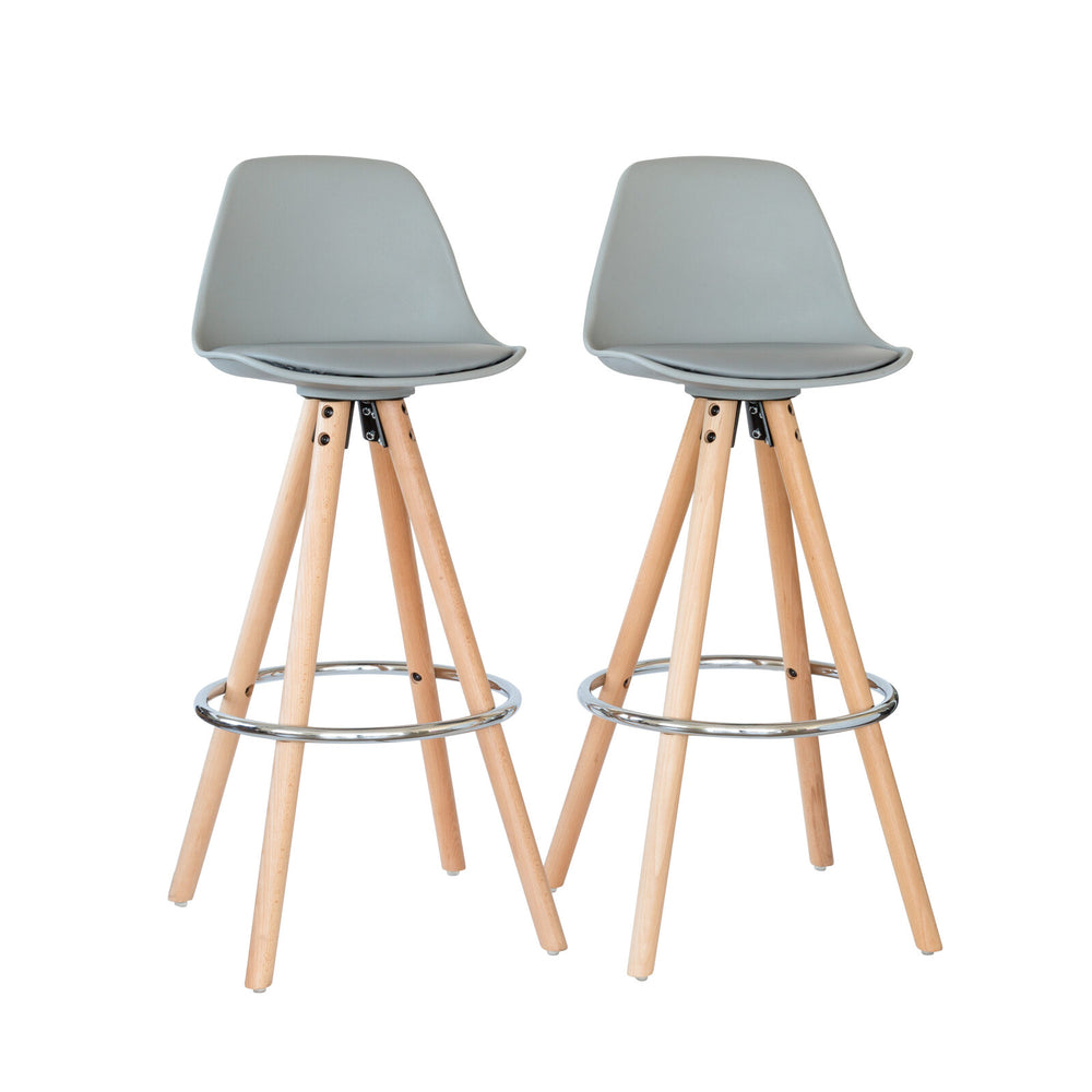 HACIENDA 2 PU Leather Padded Barstools (Light Grey/Wood) with Metal Footrest