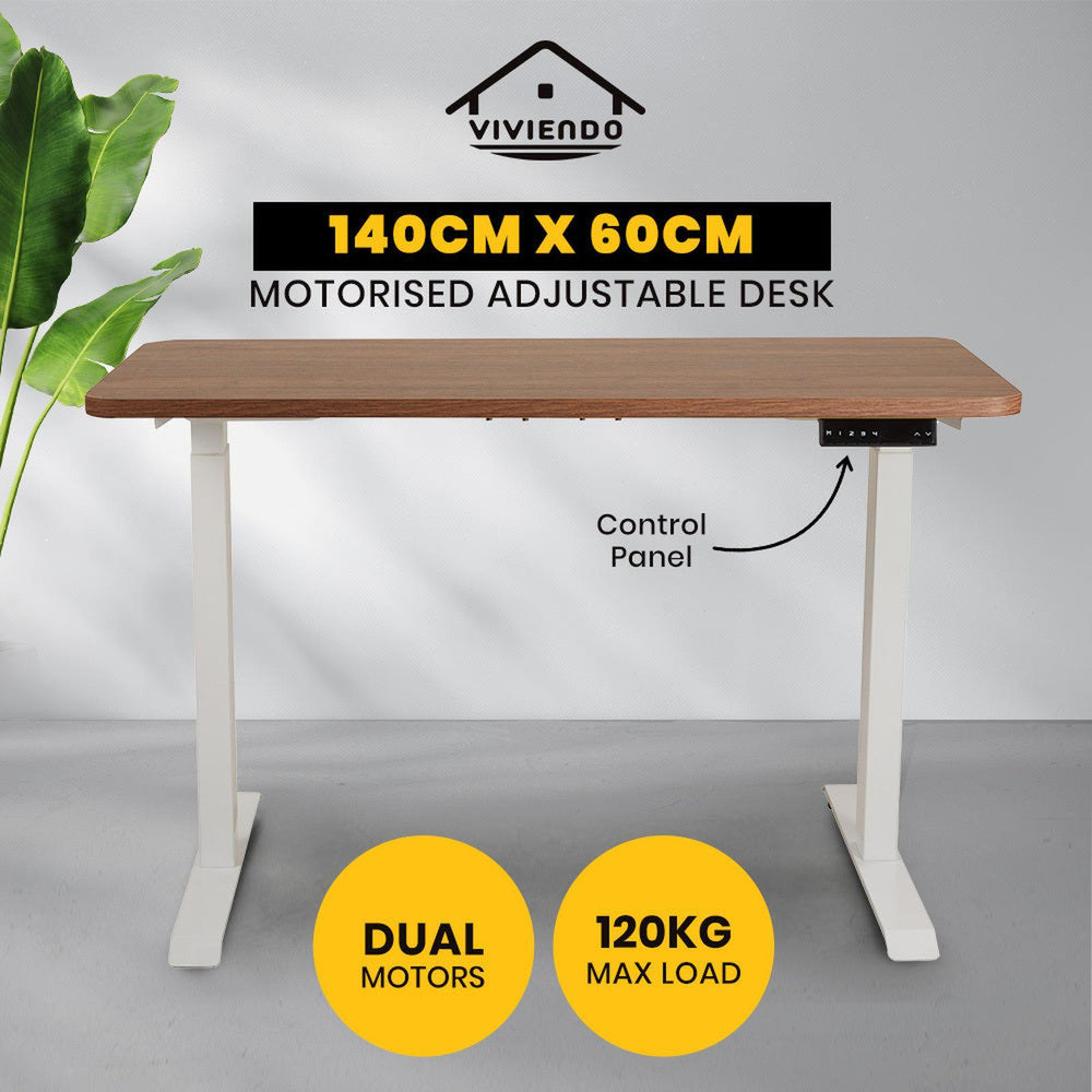 Viviendo Dual Motorised Standing Desk Electric Height Adjustable Sit Stand Workstation 1.4m Walnut Colour - White Base