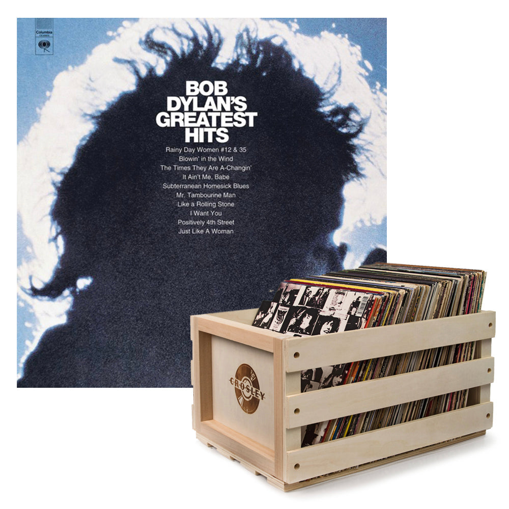 Crosley Record Storage Crate &amp; Bob Dylan Greatest Hits Vinyl Album Bundle