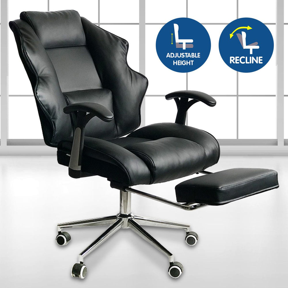 Faux Leather High Back Reclining Executive Office Chair w/ Stool Black