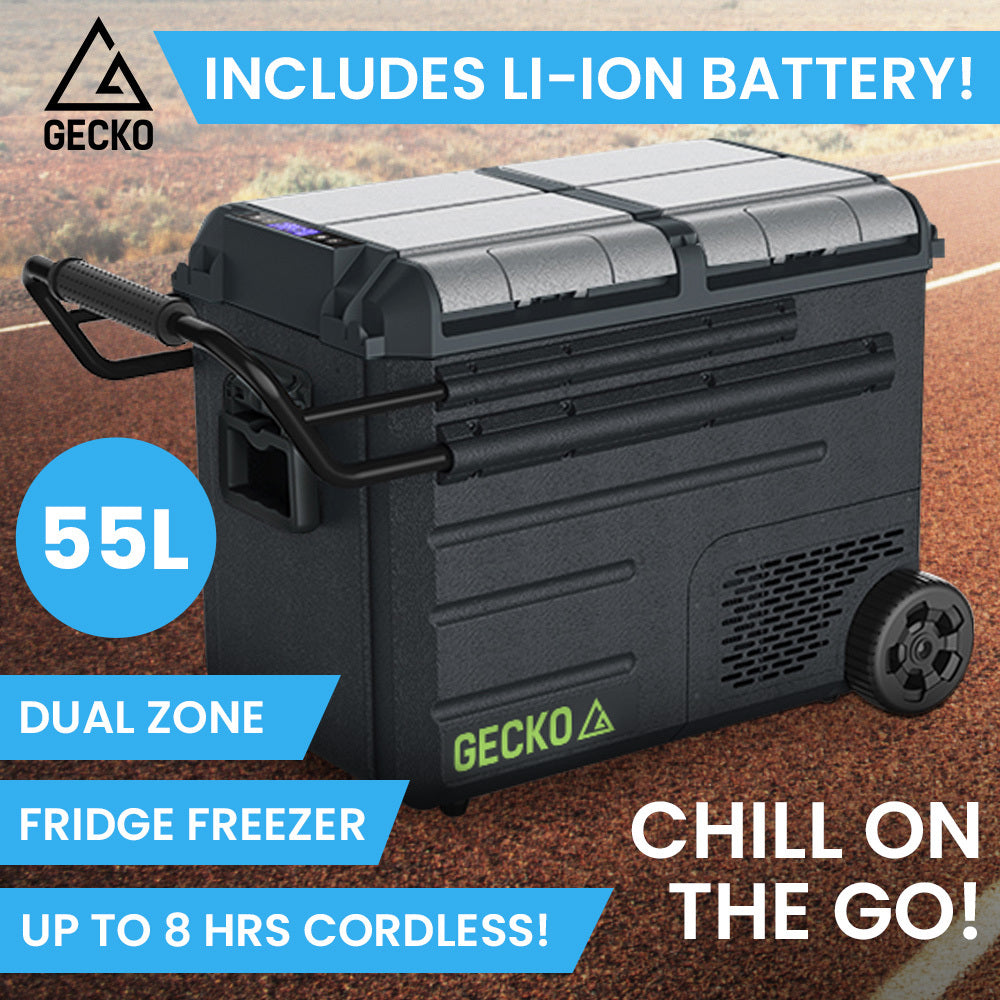 Gecko 55L Dual Zone Portable Fridge Freezer with onboard Lithium Battery, 12V/24V/240V, with 2 Doors, Wheels, for Camping, Car, Outings