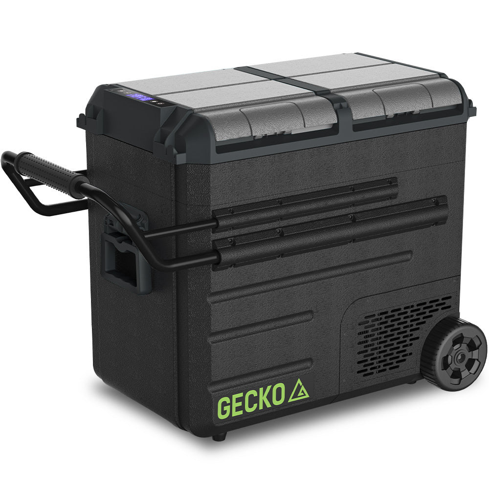 Gecko 65L Dual Zone Portable Fridge Freezer with onboard Lithium Battery, 12V/24V/240V, with 2 Doors, Wheels, for Camping, Car, Outings