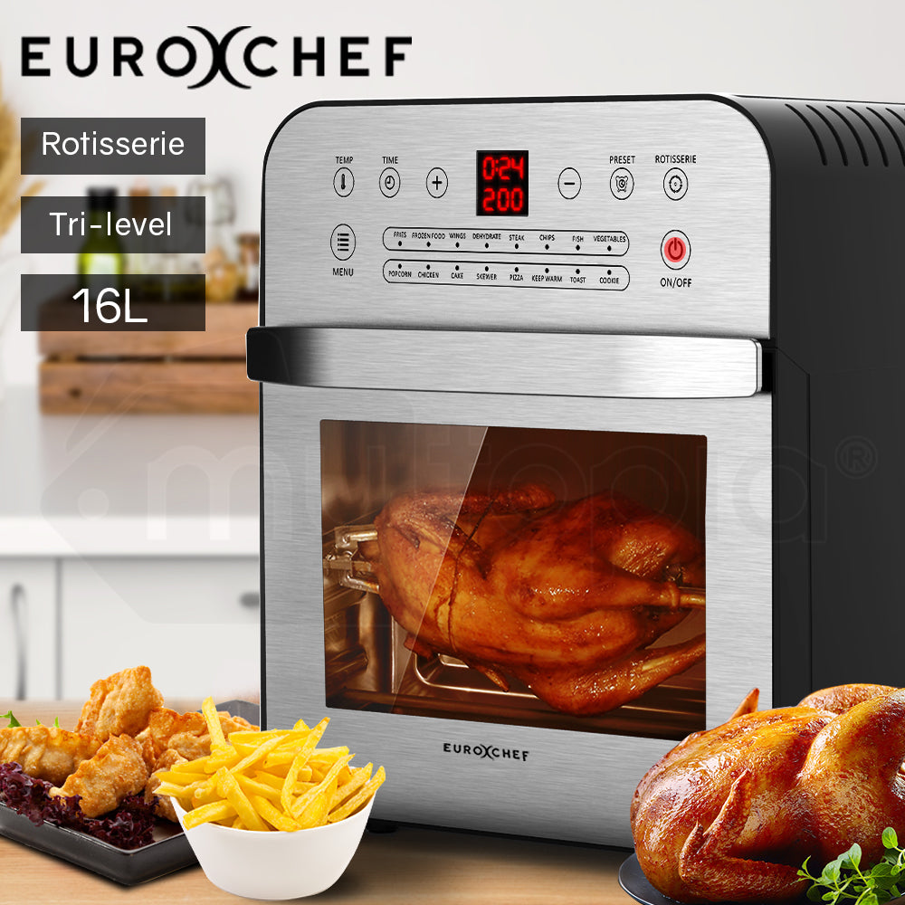 EUROCHEF 16L Digital Air Fryer Electric Airfryer Rotisserie Large Big Dry Cooker, Silver