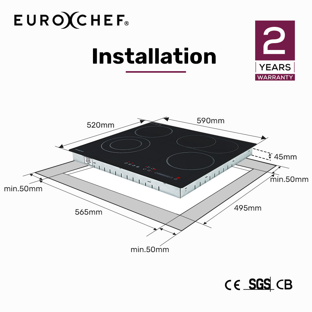 EuroChef 60cm 4 Zone Ceramic Cooktop, 6600W Electric, FlexiZone Adjustable Size Hobs, Touch Controls