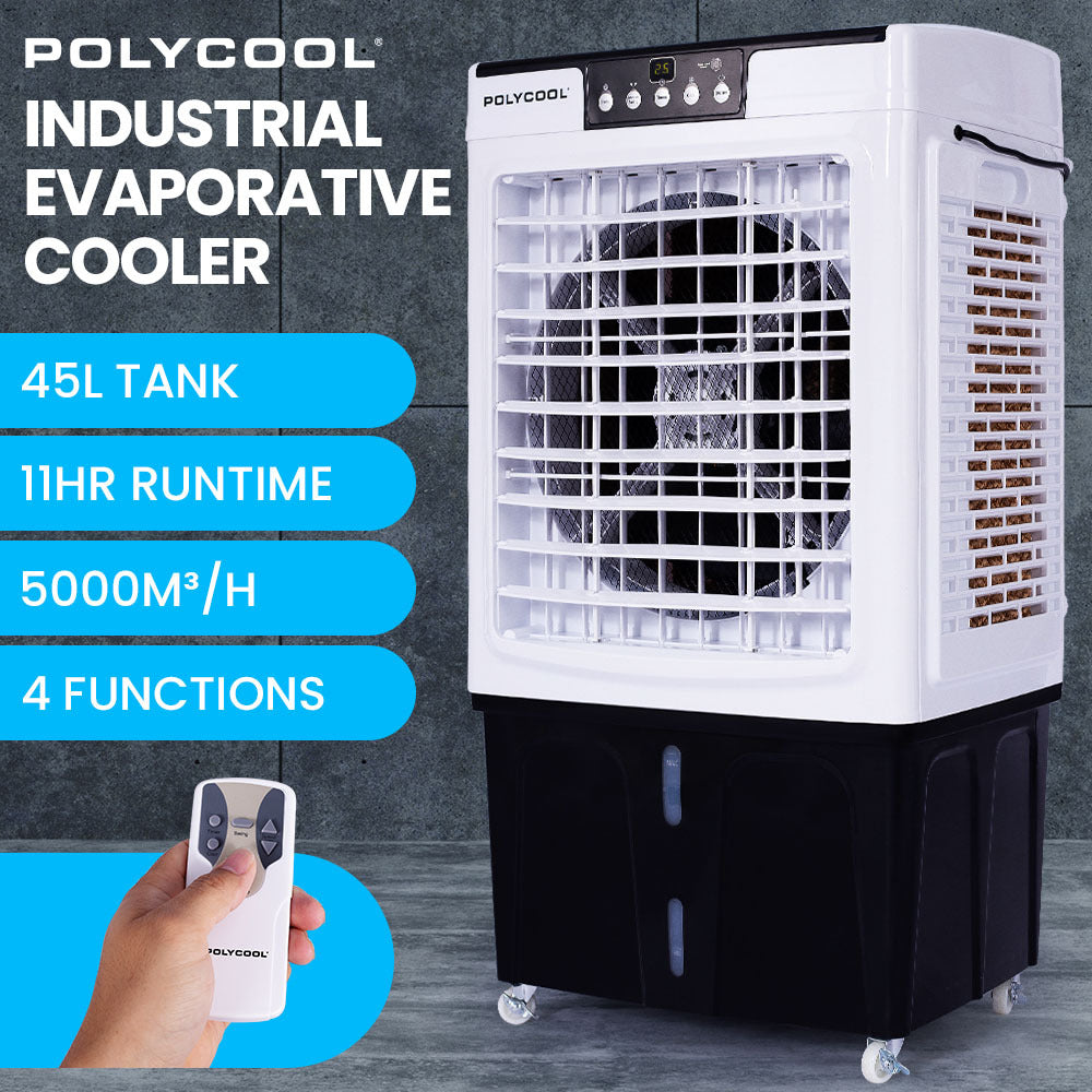 POLYCOOL 45L 125W Evaporative Air Cooler Portable Industrial Fan, Purifier, Humidifier, Remote Control