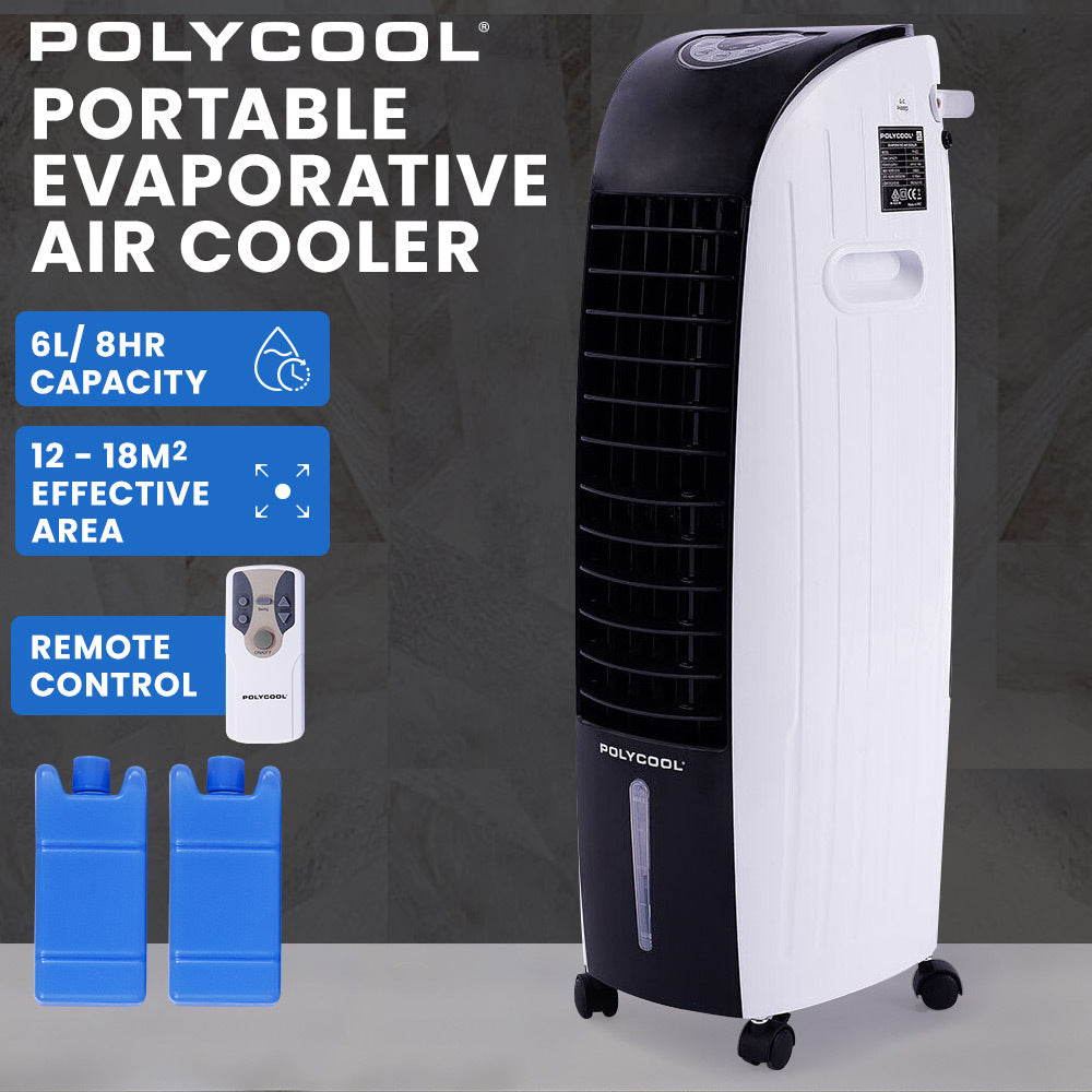 POLYCOOL 6L Evaporative Air Cooler Portable Household Fan, Purifier, Humidifier, Remote Control, White and Black