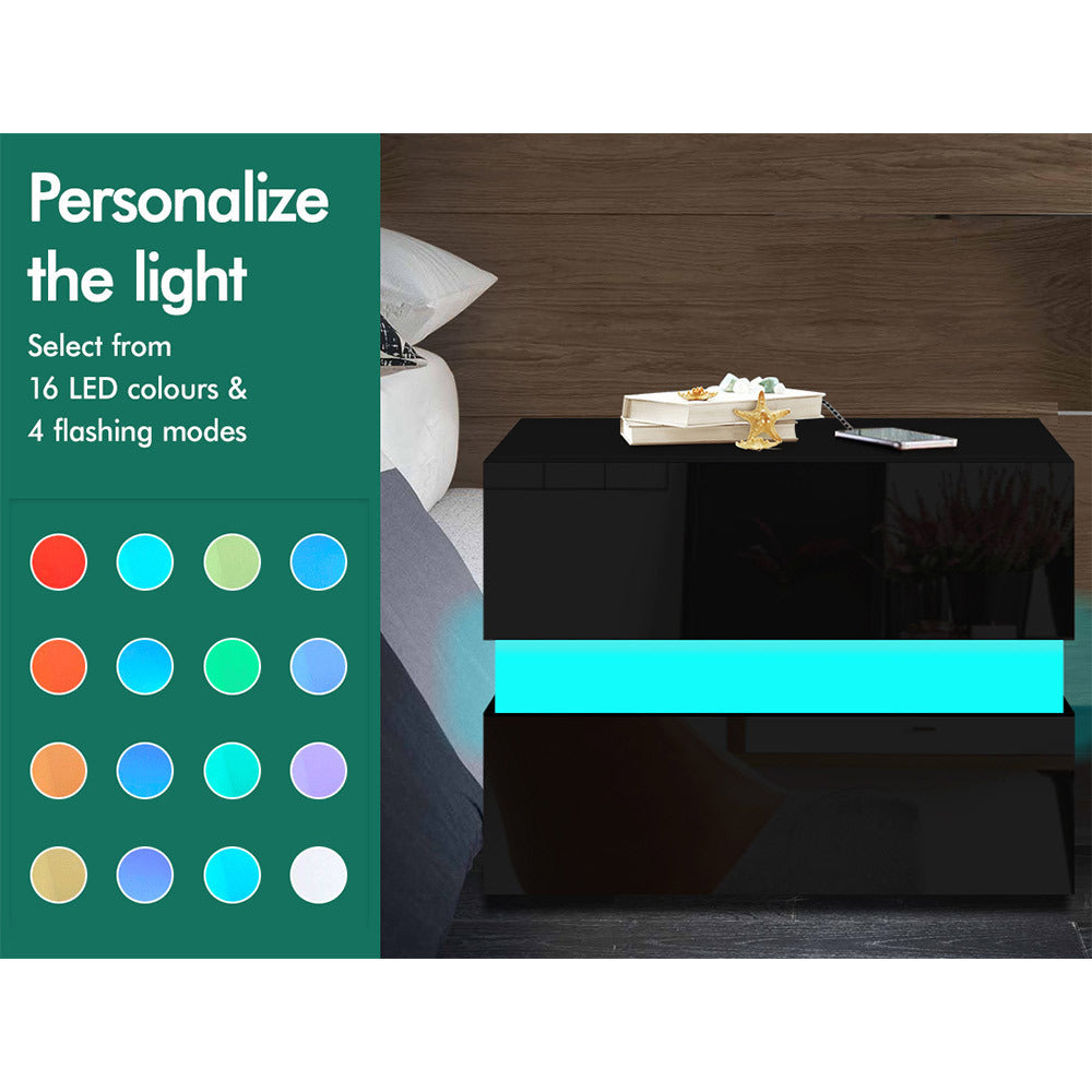 ALFORDSON Bedside Table RGB LED Nightstand 2 Drawers 4 Side High Gloss Black