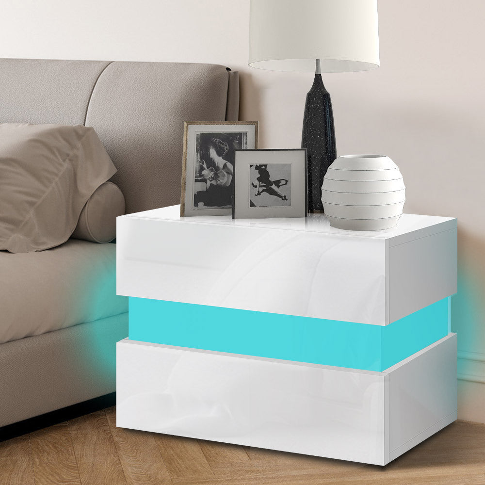 ALFORDSON Bedside Table RGB LED Nightstand 2 Drawers 4 Side High Gloss White