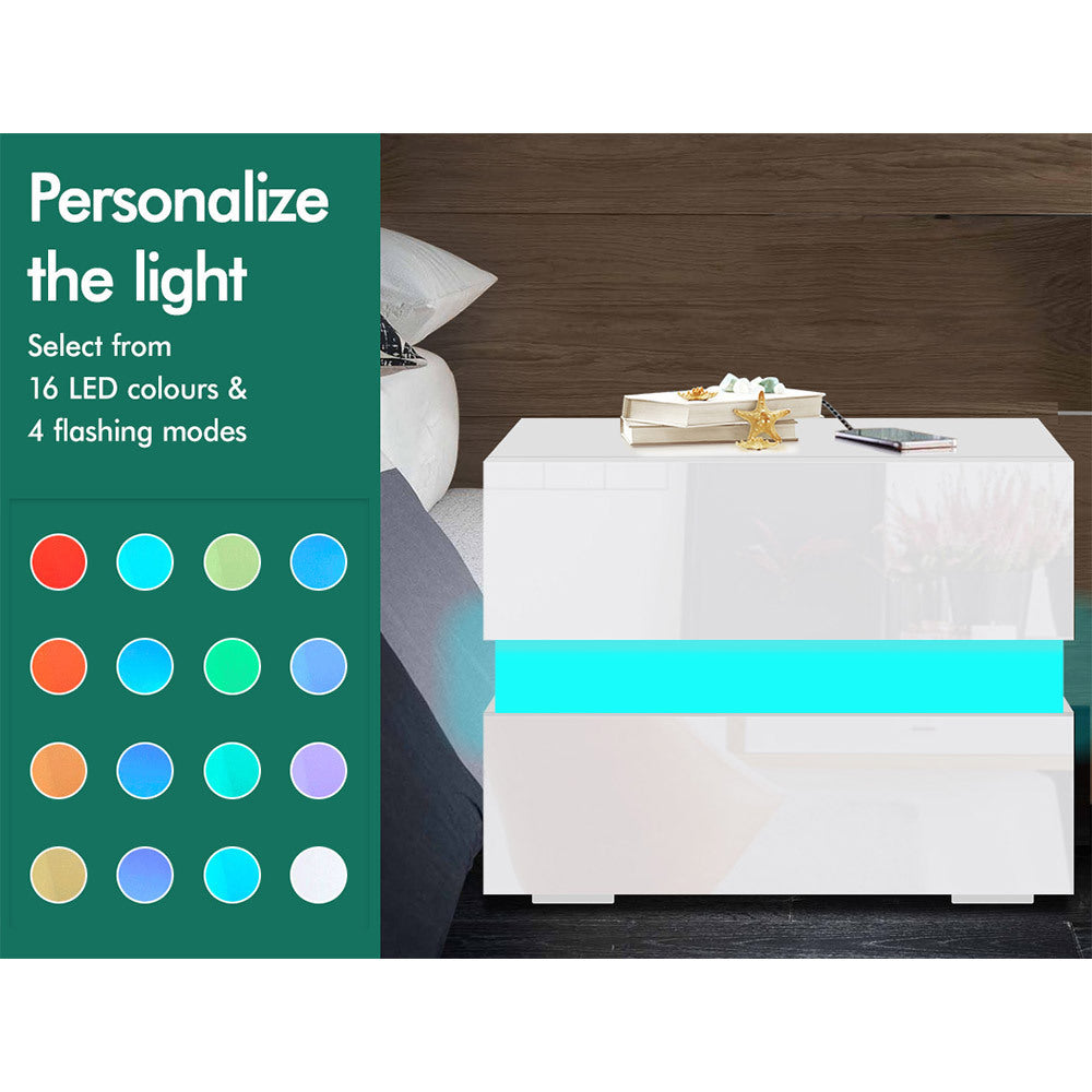 ALFORDSON Bedside Table RGB LED Nightstand 2 Drawers 4 Side High Gloss White