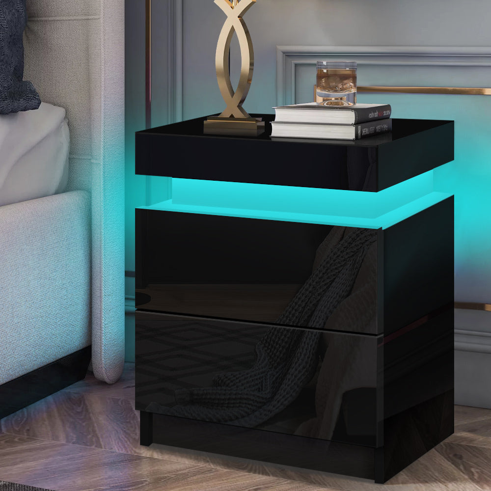 ALFORDSON Bedside Table - Perla 2 Drawers LED &amp; High Gloss Nightstand (Black)