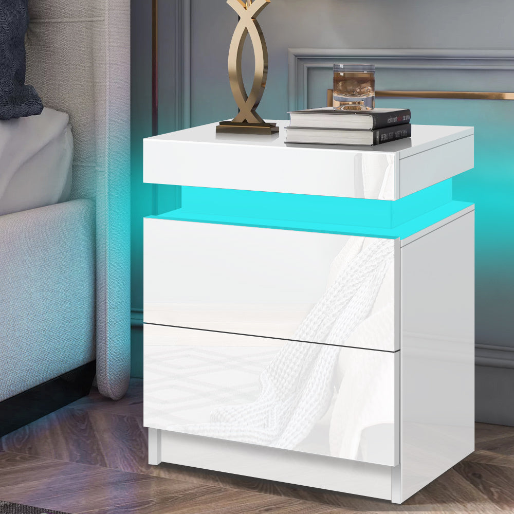 ALFORDSON Bedside Table - Perla 2 Drawers LED &amp; High Gloss Nightstand (White)