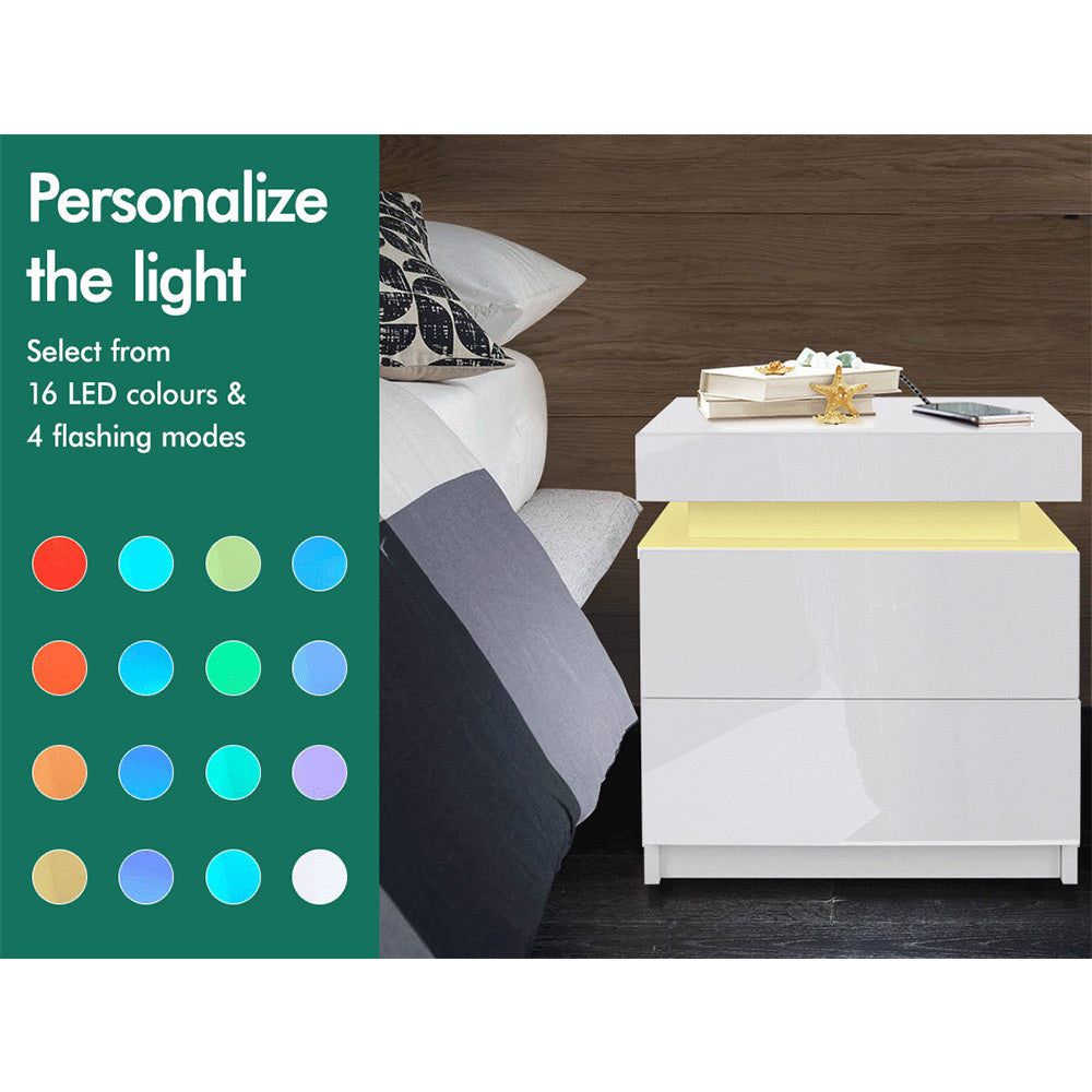 ALFORDSON Bedside Table - Perla 2 Drawers LED &amp; High Gloss Nightstand (White)