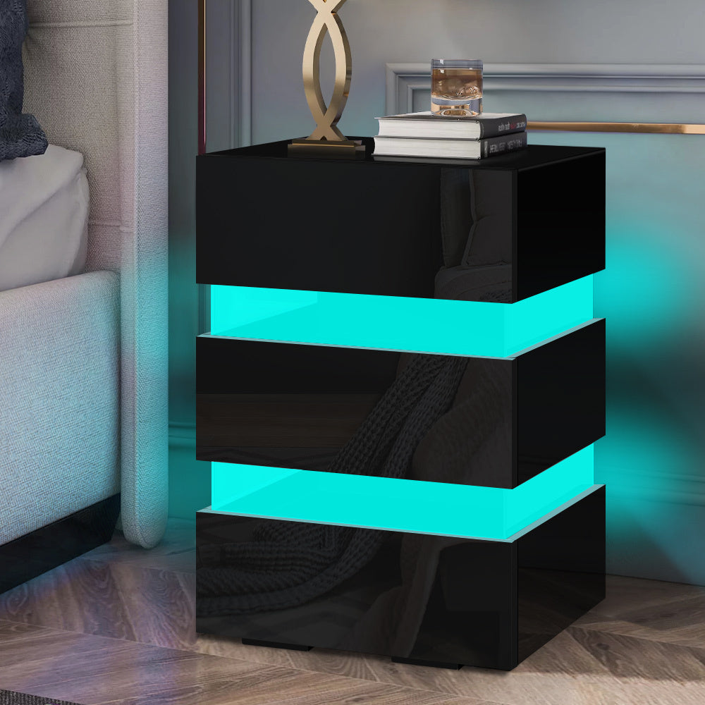 ALFORDSON Bedside Table - Annot 3 Drawers LED &amp; High Gloss Nightstand (Black)