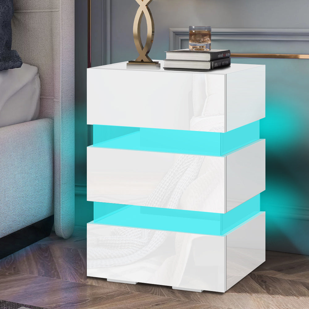 ALFORDSON Bedside Table - Annot 3 Drawers LED &amp; High Gloss Nightstand (White)