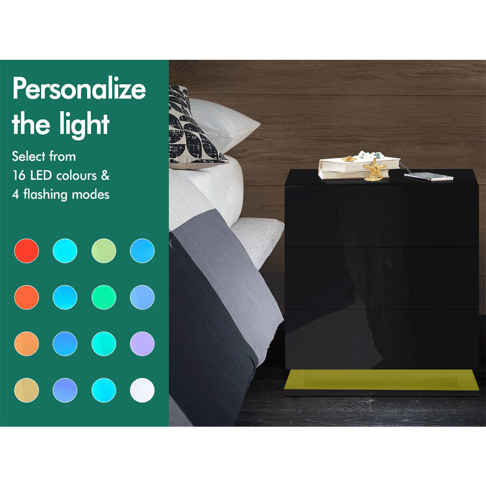 ALFORDSON Bedside Table - Zaim 3 Drawers LED &amp; High Gloss Nightstand (Black)