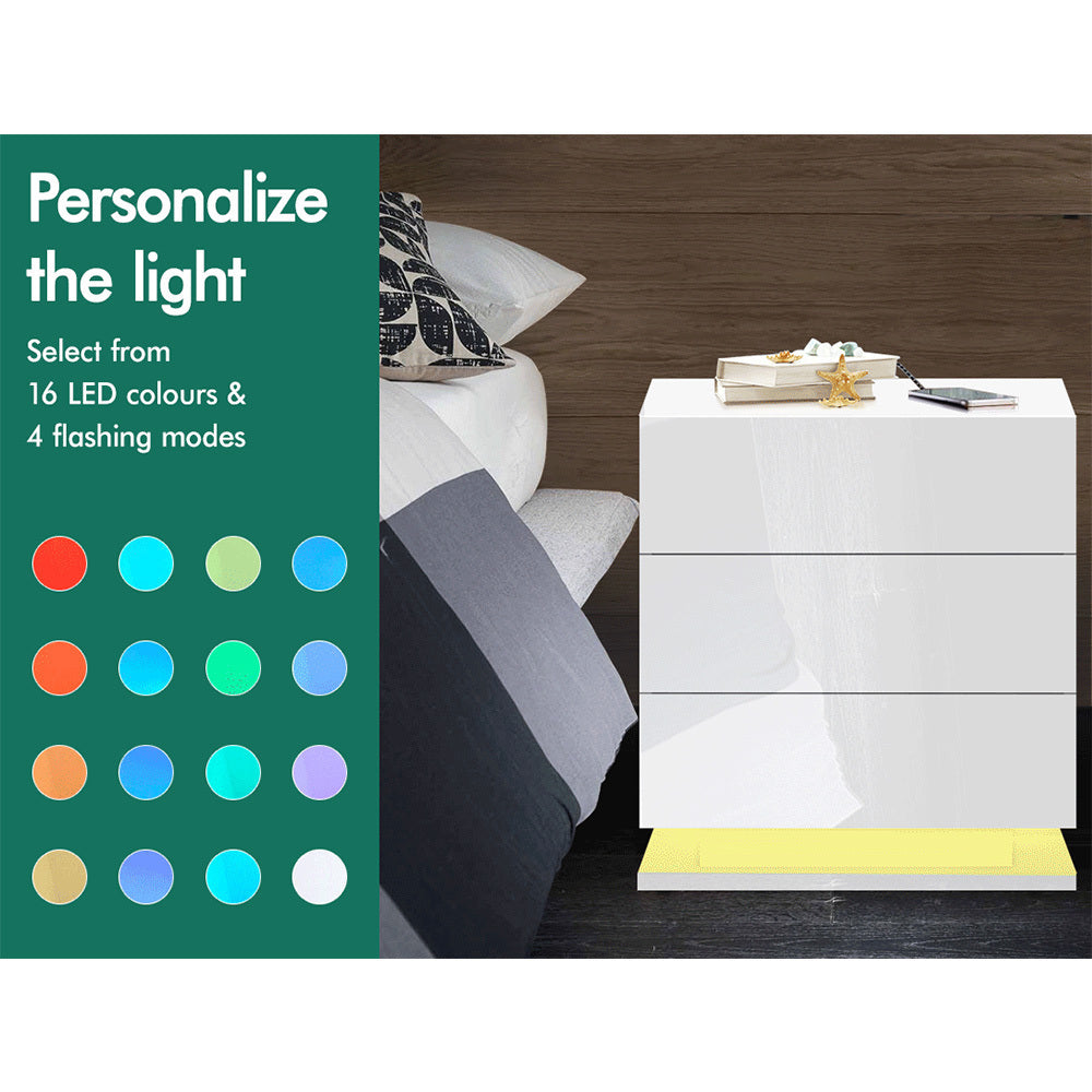 ALFORDSON Bedside Table - Zaim 3 Drawers LED &amp; High Gloss Nightstand (White)