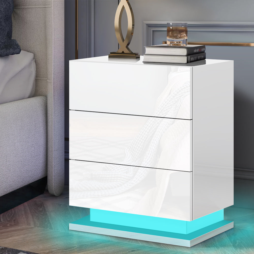 ALFORDSON Bedside Table - Zaim 3 Drawers LED &amp; High Gloss Nightstand (White)