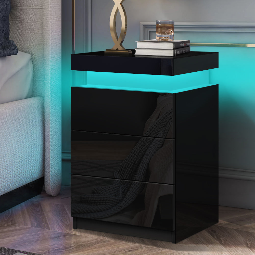 ALFORDSON Bedside Table - Perla 3 Drawers LED &amp; High Gloss Nightstand (Black)