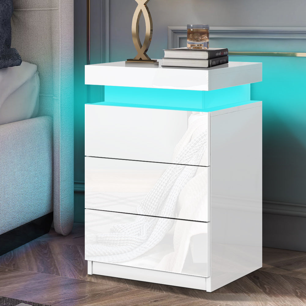 ALFORDSON Bedside Table - Perla 3 Drawers LED &amp; High Gloss Nightstand (White)