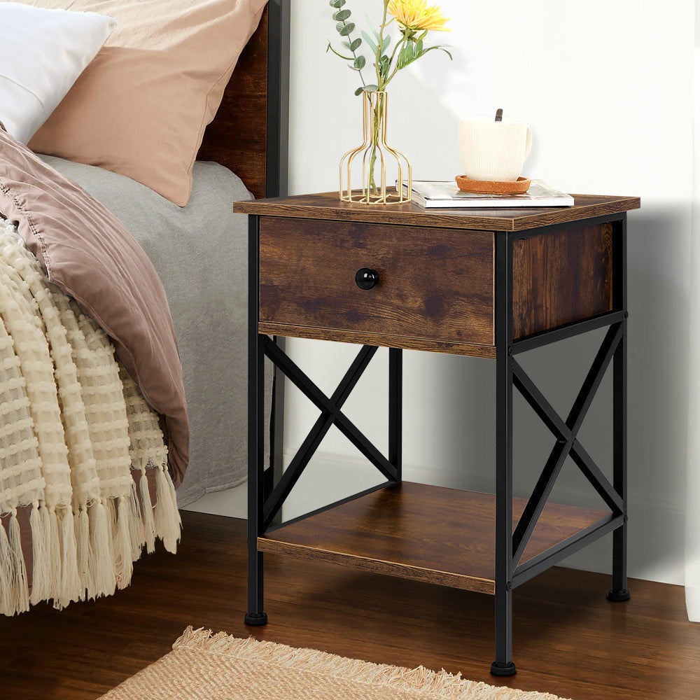 ALFORDSON Bedside Table - Coye Metal Frame Retro Nightstand (Dark Oak)